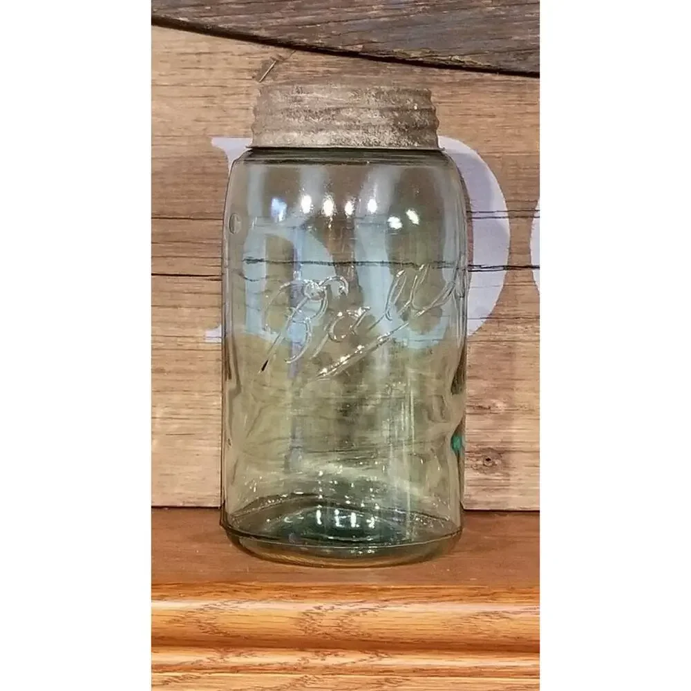 Antique Ball Jar Blue Quart 3 Loop Triple L Logo Slope Shoulder Zinc Lid 1900